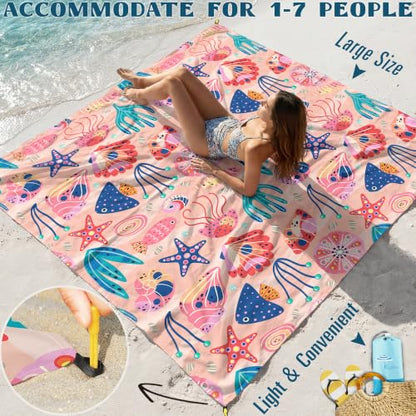 Beach Blanket Sandproof Waterproof Oversized 78"x81"/10'x9' Compact mat - color: Pink Ocean, size: 78''×110''