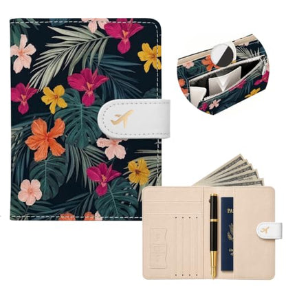 RFID Passport Holder with Tracker Slot, Leather Travel Wallet - color: Flowers & Leaves