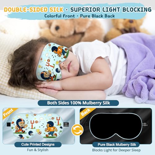 Kids Silk Sleep Mask, 100% Mulberry Silk Eye Mask with Adjustable Strap - color: Football Style
