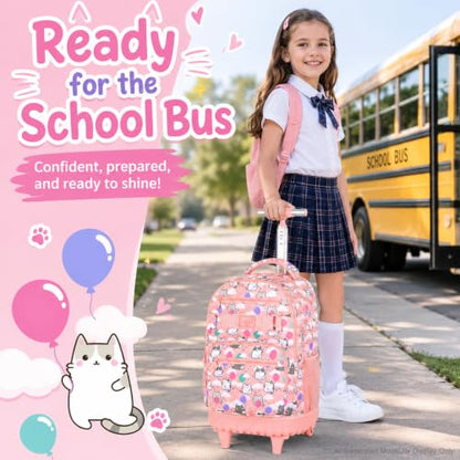 KLFVB Girls Rolling Backpack, 3PCS Womens Roller Bookbag with Lunch Bag for Kids, Wheeled School Bag for Children - Pink Cloud Cat - color: Pink Cloud Cat