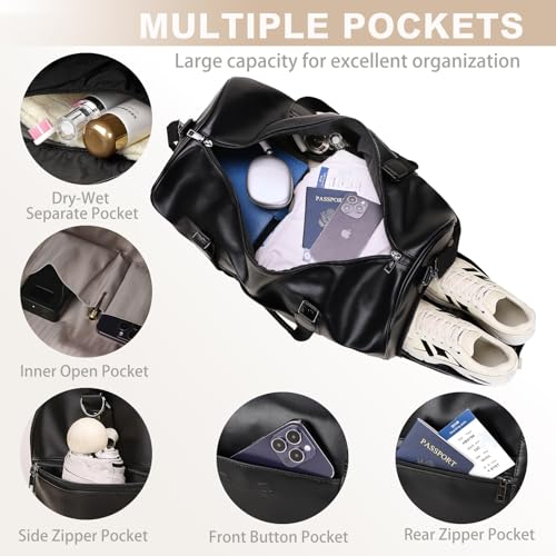 3‑PCS Leather Duffle Bag for Travel, Weekender Overnight Gym Bag Men Women - color: Black