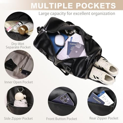 3‑PCS Leather Duffle Bag for Travel, Weekender Overnight Gym Bag Men Women - color: Black
