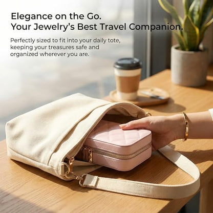 Soft-Touch Leather Travel Jewelry Case with Mirror, Jewelry Box - color: Blush Pink
