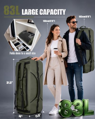 Smasrob 83L Rolling Duffle Bag with Wheels and Backpack Straps, Green - color: Green