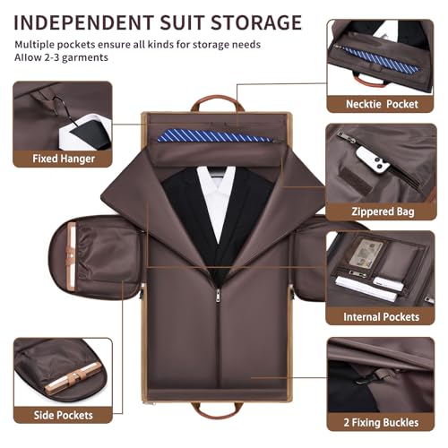 PU Leather Garment Bag, Convertible Garment Duffel Bag for Travel Mens Suit Bag 2 in 1 Waterproof Foldable Carry on Garment Bag with Shoulder Strap Weekender Bag with Shoe Pouch - color: C-Brown