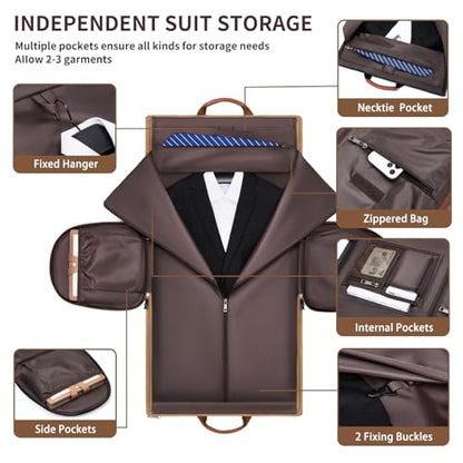 PU Leather Garment Bag, Convertible Garment Duffel Bag for Travel Mens Suit Bag 2 in 1 Waterproof Foldable Carry on Garment Bag with Shoulder Strap Weekender Bag with Shoe Pouch - color: C-Brown