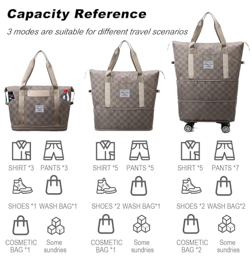 Expandable Foldable Duffel Bag Suitcases,Detachable Rolling Wheels,Rolling Duffle Bag with Wheels,Suitcase with Wheel,Carry on Luggage,Gift for Men Women Lightweight Suitcases (Khaki) - color: Khaki