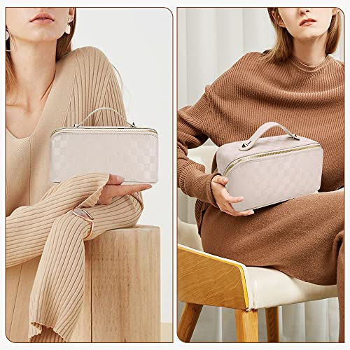 Cessfle Large Capacity Travel Cosmetic Bag Plaid Checkered Makeup Bag Portable Leather Waterproof Skincare Bag with Handle and Divider for Women 01-White - color: 01-White