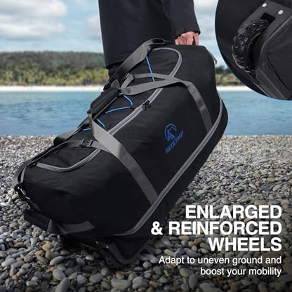 REDCAMP 85L/120L/140L Foldable Duffle Bag with Wheels, Large Travel Duffel Bag - color: 140L Black with Blue Elastic Straps