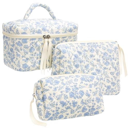 3 Piece Quilted Makeup Bag Set for Women,Cosmetic&Toiletry Bag,Flower Blue | Cute Zipper Makeup Organizer for Cosmetics, Toiletries,Skincare, Makeup Brushes, Beauty Essentials, Travel Accessories&Gifts - color: Flower Blue