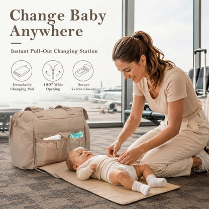 MOMINSIDE Diaper Bag Tote with Changing Station Convertible Diaper Bag Backpack Tote pañaleras para bebe Large Baby Bag, Hospital Bag Mommy Bag Travel Diaper Bag for Mom,16 Pockets, Khaki - color: Khaki