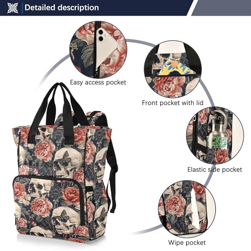 MNSRUU Diaper Bag Skull Peony Large Capacity Changing Backpack Multifunction Travel Tote Nappy Bag Baby Diaper Backpack for Mom Dad - color: Skull A8963
