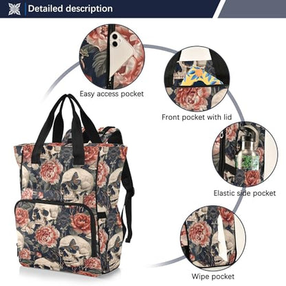MNSRUU Diaper Bag Skull Peony Large Capacity Changing Backpack Multifunction Travel Tote Nappy Bag Baby Diaper Backpack for Mom Dad - color: Skull A8963