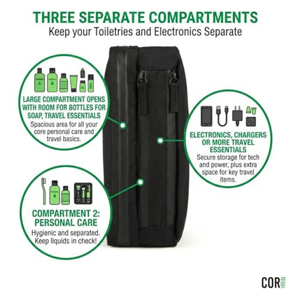 COR Surf Compact Hanging Toiletry Bag, Dopp Kit, 4 Compartments, Black | 4 Separate Compartments Keep Toothbrush, Shaving & Electronics from Touching, DWR Nylon, Waterproof Zippers - color: Black