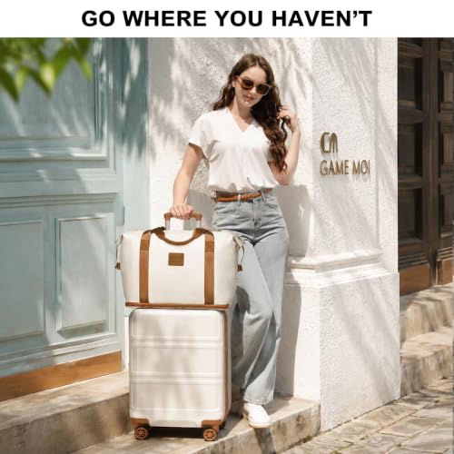 Kono Luggage Set 4 Piece Carry On Hardside Luggage with Spinner Wheels - color: Cream White, size: 12+20-inch/Db/Tb