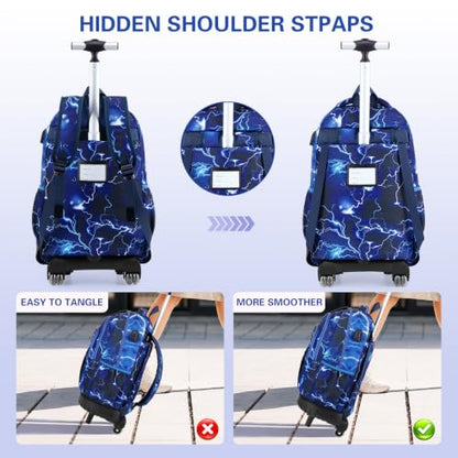 DIGOBAY Rolling Backpack for Boys, Cool Boys Backpack with Wheels, Kids Wheeled backpacks Set with Lunch Bag Pencil Case for Teen Boy, Roller School Bag with Wheels for Elementary Middle School - color: Black and Blue Lightning