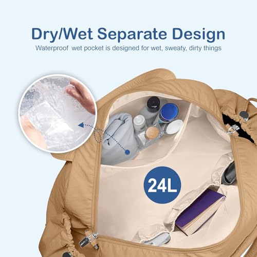 TOPDesign Travel Duffel Bag, Puffy Carry On Overnight, Gym Bag w/Wet Pocket - color: Khaki