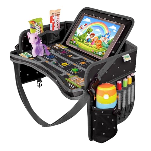 ECOFANTASY Kids Car Seat Travel Tray, Car Table & Lap Desk – Stars - color: PREMIUM BLACK