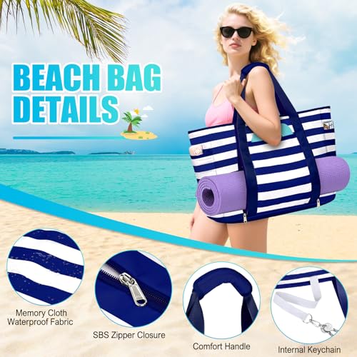 Extra Large Beach Bags for Women Waterproof Sandproof Beach Tote Bag - color: Navy Blue and White