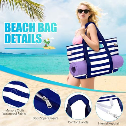 Extra Large Beach Bags for Women Waterproof Sandproof Beach Tote Bag - color: Navy Blue and White