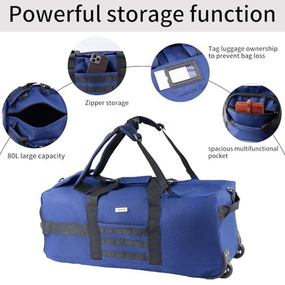 80L Travel Rolling Duffel Bag with wheels, Military Tactical Wheeled Foldable for Deployment Travel Camping Sports - color: Blue