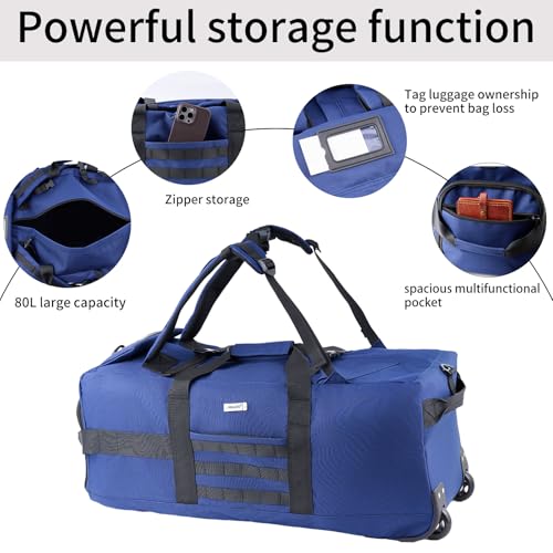 80L Travel Rolling Duffel Bag with wheels, Military Tactical Wheeled Foldable for Deployment Travel Camping Sports - color: Blue