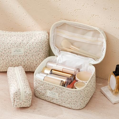 HBselect Quilted Makeup Bag, 3Pcs Cotton Large Travel Makeup Bags Organizer - color: A-3PCS-Floral 50