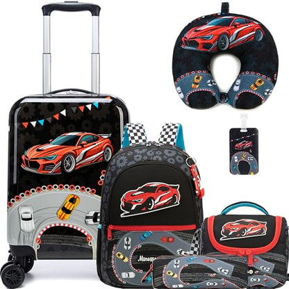 Kids Luggage Set 5 Piece 16'' Hardside Spinner Wheels Travel Suitcase Carry On Airline Approved Black Car - color: Black Car