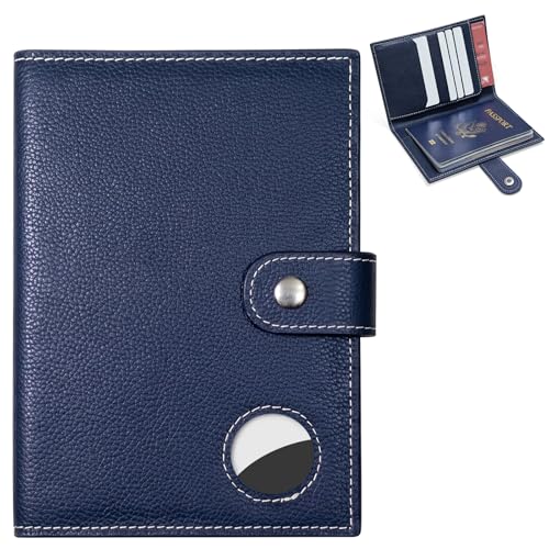 Genuine Leather Slim Passport Holder with RFID &Tracker Slot (Blue) - color: Blue