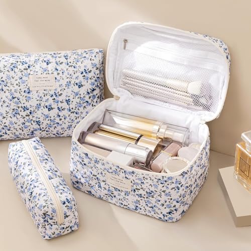 HBselect Quilted Makeup Bag, 3Pcs Cotton Large Travel Makeup Bags Organizer - color: A-3PCS-Floral 42