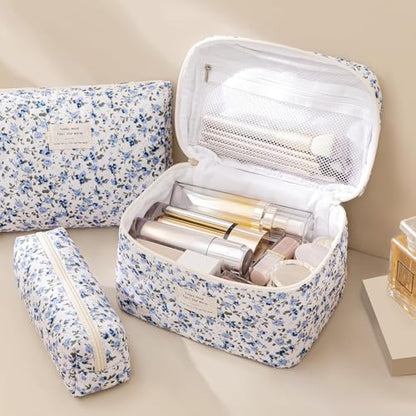 HBselect Quilted Makeup Bag, 3Pcs Cotton Large Travel Makeup Bags Organizer - color: A-3PCS-Floral 42