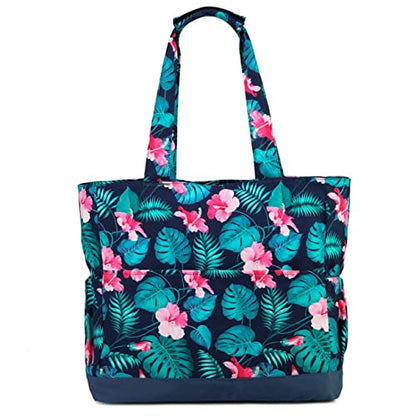 VASCHY Beach Bag for Women, Large Waterproof Sandproof Fold-able Packable Pool Tote Bag w Zipper/Pockets - color: Green Flowers