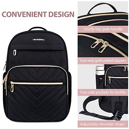VANKEAN 15.6 Inch Laptop Backpack for Women Large Capacity Daypack - color: Quilted Black, size: 15.6 Inch