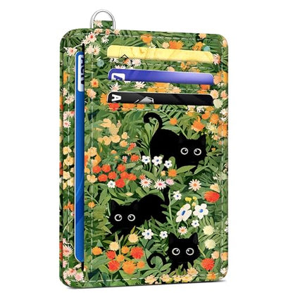 SEAVILIA Small Credit Card Holder for Women, Slim RFID Blocking Wallet - color: Black Cat Floral