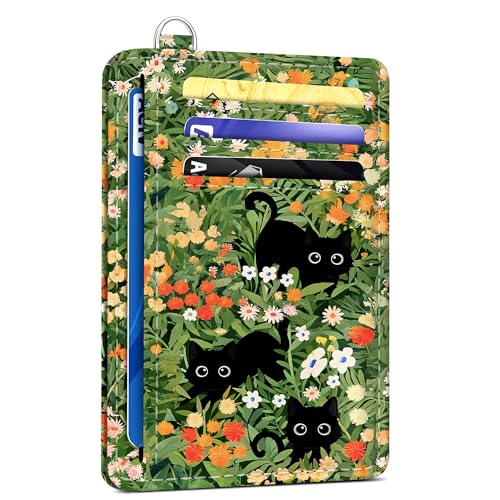 SEAVILIA Small Credit Card Holder for Women, Slim RFID Blocking Wallet - color: Black Cat Floral