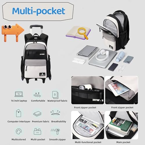 ZHANAO Kids Rolling Backpack for Boys School Color-blocking Trolley Bag - color: Brown-6 Wheels
