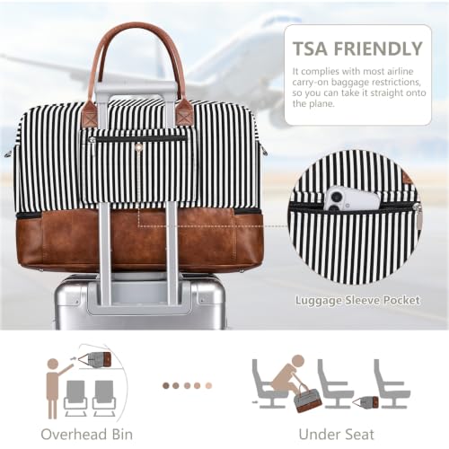 Large Women Travel Weekender Bag: Carry on Duffle with Shoe Compartment - color: 02 Black Striped