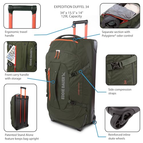 Eddie Bauer Expedition Rolling Duffel Bag with Wheels - Dark Thyme, 34" - color: Dark Thyme, size: 34" (Check-In)