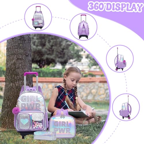 HTgroce Rolling Backpack with Wheel,School Backpack for Kids Girl Roller Schoolbag Wheeled Backpacks Set Carry-on Luggage,Purple - color: Purple Gpwr