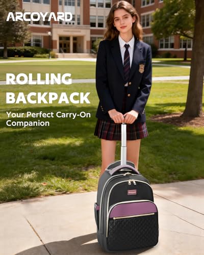Arcoyard Rolling Backpack for Women, 17.3 Inch Travel Backpack with Wheels - color: Black Purple, size: 17.3-inch
