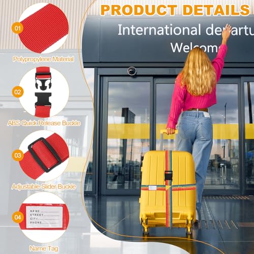 MECCANIXITY Cross Luggage Straps with Quick-Release Buckle Name ID Card Adjustable Suitcase Belt Strap for Suitcase Briefcase Backpack Travel, Red, Pack of 2 - color: Red
