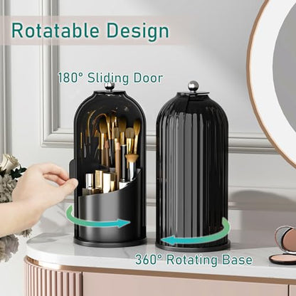 GAXmi Makeup Brush Holder with Lid Rotating Cosmetic Organizer, Dark Black - color: Dark Black