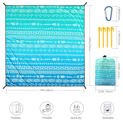 WIWIGO Beach Blanket Mat Waterproof Sandproof for 2-8 Adults Quick Drying - color: Blue Geometric Tribe, size: 79" X 83"（1-4person）