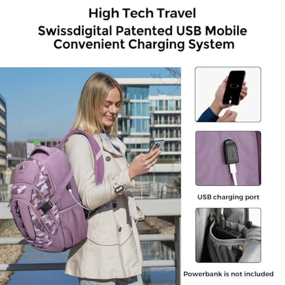 Swissdigital Design Laptop Backpack for Men with USB Charging Port SD803-93 - color: Pink Camo