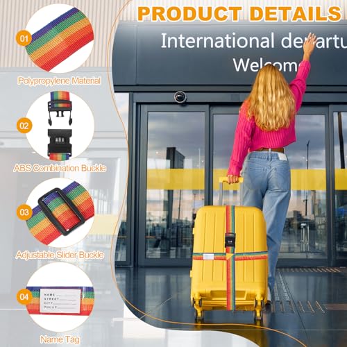 MECCANIXITY Cross Luggage Straps with Combination Lock Name ID Card Adjustable Suitcase Belt Strap for Suitcase Briefcase Backpack Travel, Rainbow, Pack of 2 - color: Rainbow