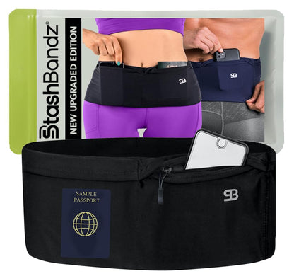 StashBandz Running Belt, Money Belt, 4-Pocket Phone Holder with Zipper - color: Black, size: X-Small