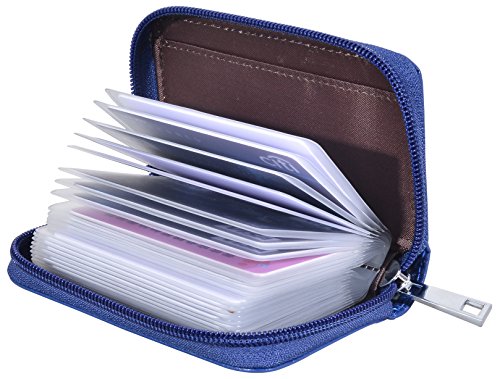 Easyoulife Genuine Leather Credit Card Holder Zipper Wallet With 26 Card Slots - color: Blue, size: small