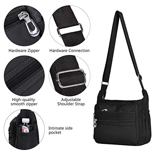 Crossbody Bag for Women Waterproof Shoulder Bag Multi Pockets Nylon Purse - color: Black-l