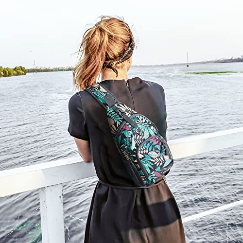 G4Free RFID Sling Bag Crossbody Backpack Small Chest Shoulder Bag Hiking Outdoor - color: Blue Leaf