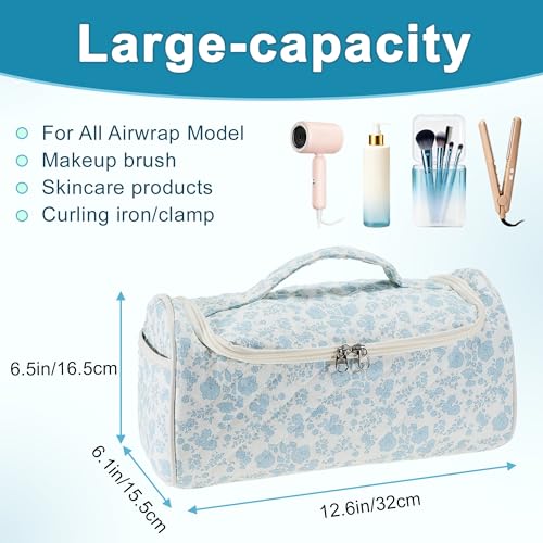 Quilted Travel Case Compatible, Toiletry Bag for Hair Curler Tools and Accessories, Hanging Case with Hook, White, Blue, 1 Pc - color: Blue Flowers